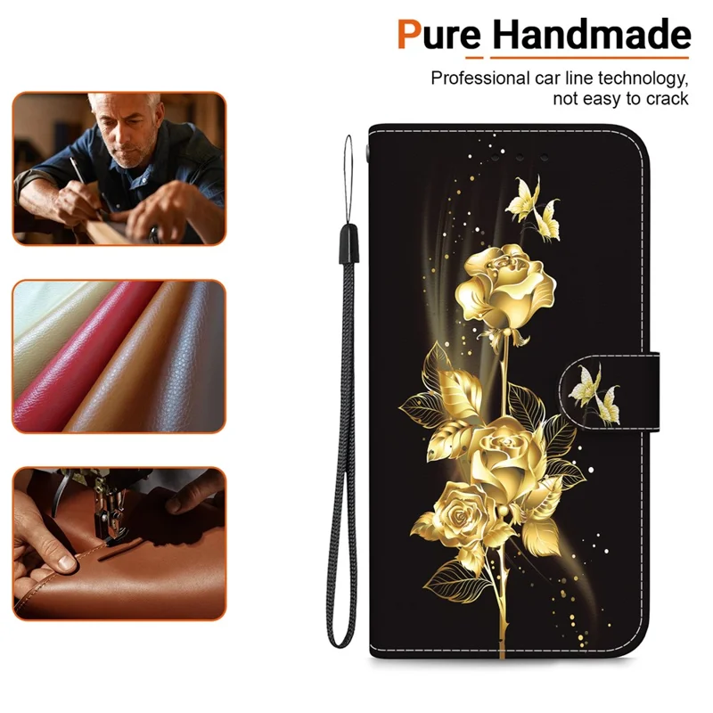 Für Huawei nova Y61 4G Hülle Wallet Function Pattern Printing Phone Cover - Gold Butterfly Rose