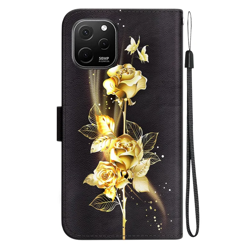 Für Huawei nova Y61 4G Hülle Wallet Function Pattern Printing Phone Cover - Gold Butterfly Rose