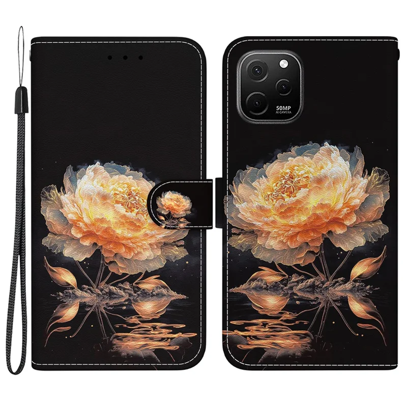 Чехол-кошелек для Huawei nova Y61 4G с функцией, узором и печатью - золотистый пион