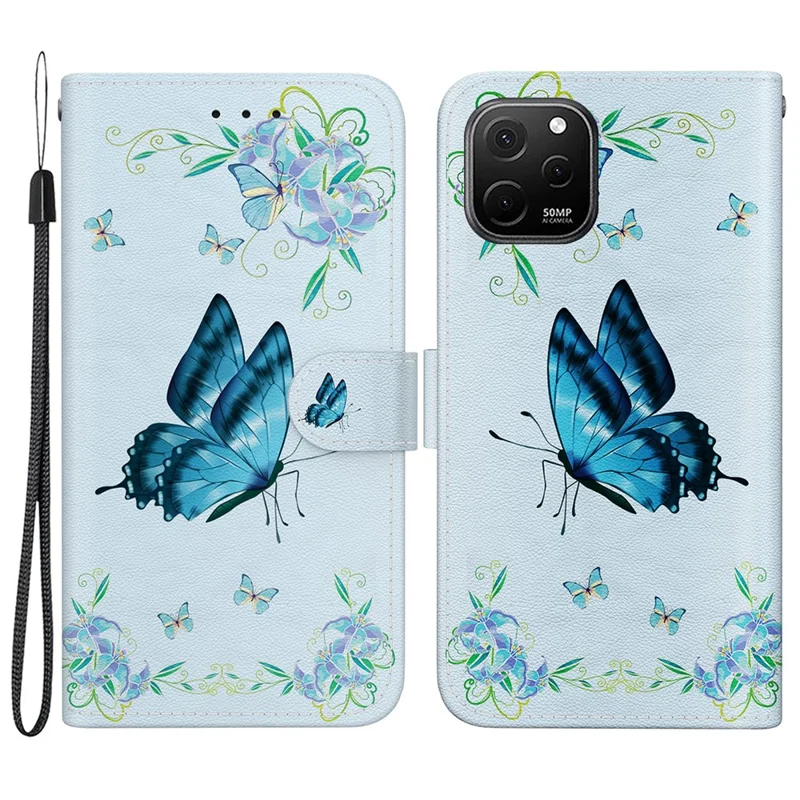 Pour le étui Huawei nova Y61 4G Fonction portefeuille Impression motif Housse de téléphone - Bleu Papillon Fleur