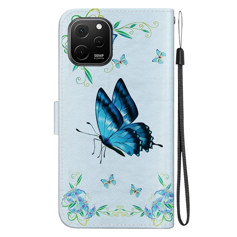 Pour le étui Huawei nova Y61 4G Fonction portefeuille Impression motif Housse de téléphone - Bleu Papillon Fleur