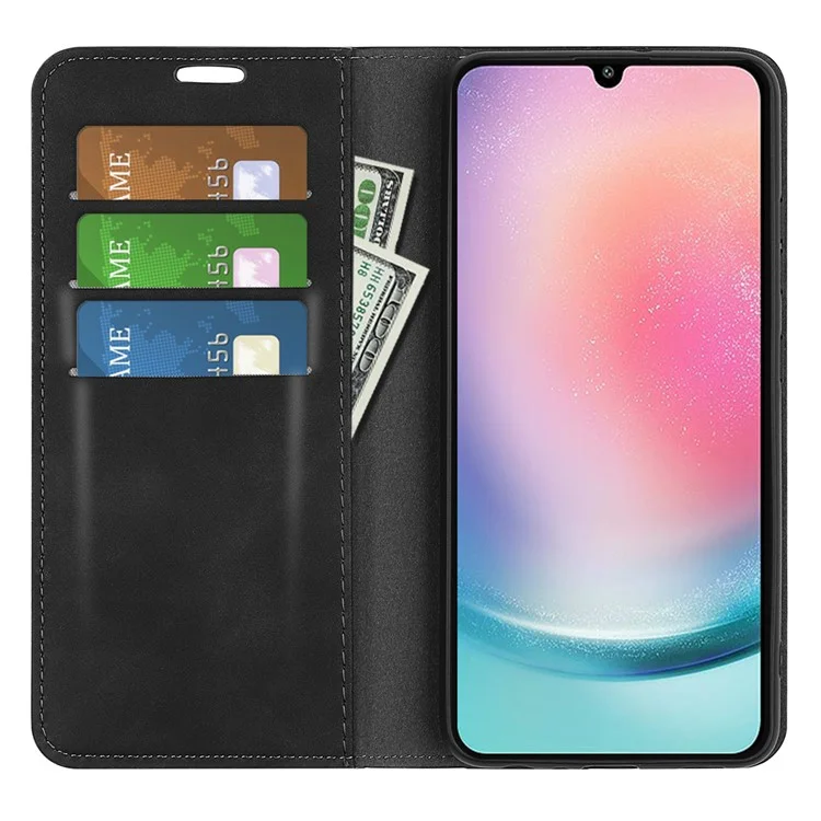 Для Samsung Galaxy A25 5G (Global) (161,0 x 76,5 x 8,3 мм) Чехол Anti-Scratch Wallet Stand Skin-touch Feeling Leather Phone Cover - Black