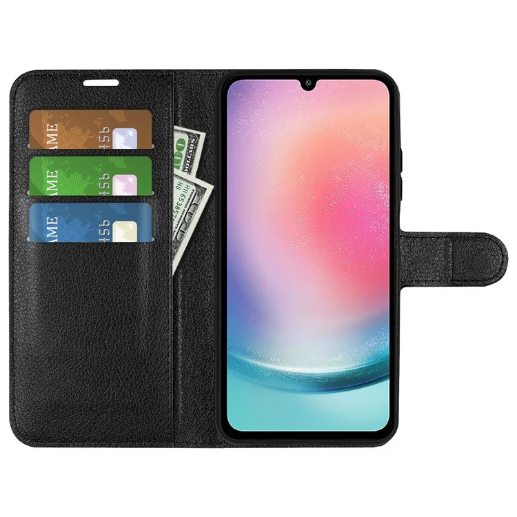 For Samsung Galaxy A25 5G (Global) (161.0 x 76.5 x 8.3mm) Case Slim-Fit Wallet Phone Shell Litchi Texture Leather Stand Cover - Black