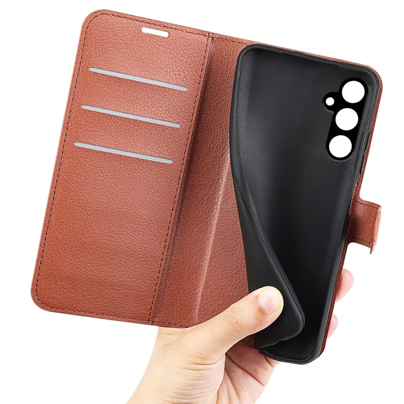 Для Samsung Galaxy A15 5G Case Slim-Fit Litchi Texture Stand Wallet Phone Cover PU Leather Shell - Коричневый