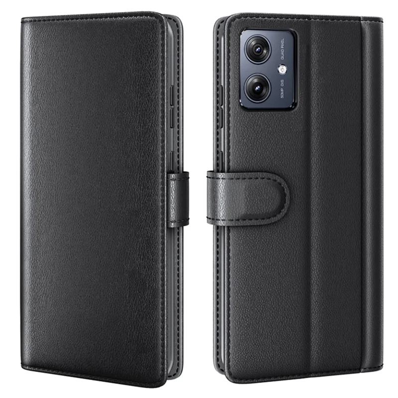 For Motorola Moto G54 5G Case Genuine Split Leather Phone Cover with Wallet Stand - Black