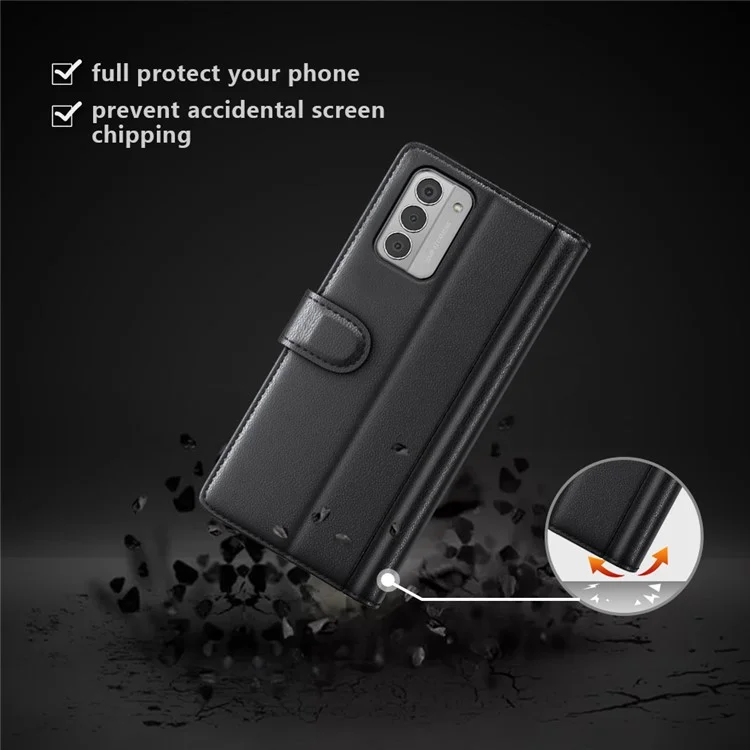 Capa de Telefone Celular para Nokia G42 - Couro Dividido Genuíno À Prova de Poeira, Carteira, Suporte - Preta