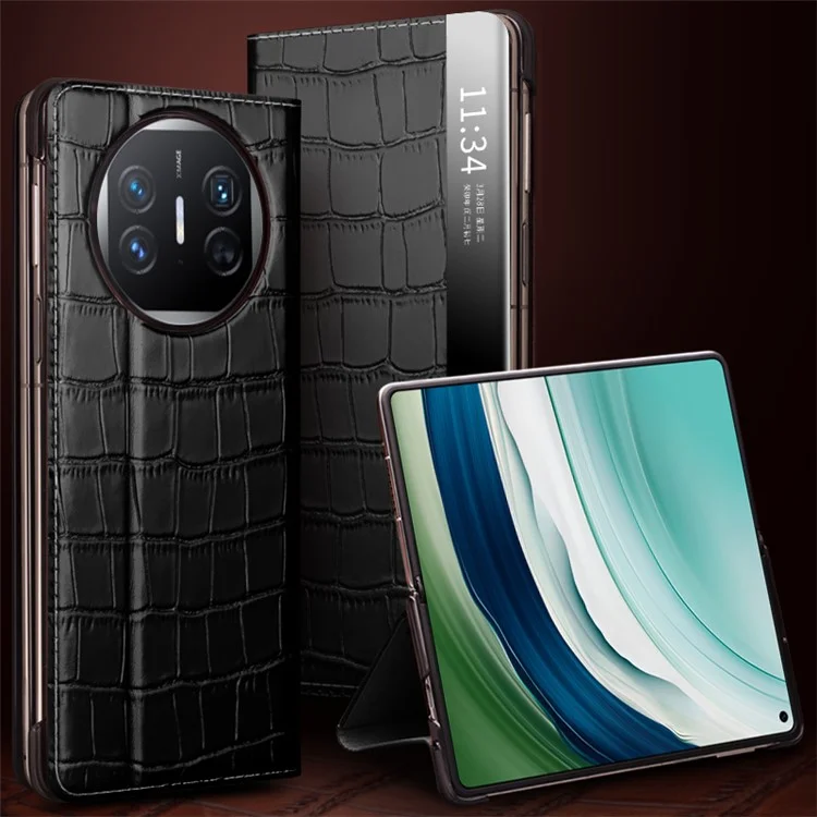 QIALINO Чехол для Huawei Mate X5, изготовленный из натуральной кожи коровы, с окном для просмотра, Черный