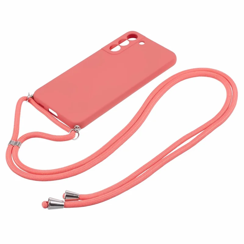 For Samsung Galaxy S21 4G / 5G Case Rubberized Fiber Lining Cover with Long Lanyard - Hawthorn Red