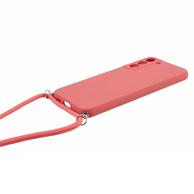 For Samsung Galaxy S21 4G / 5G Case Rubberized Fiber Lining Cover with Long Lanyard - Hawthorn Red