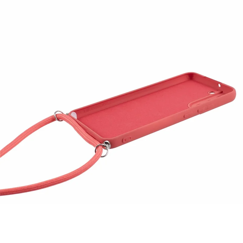 For Samsung Galaxy S21 4G / 5G Case Rubberized Fiber Lining Cover with Long Lanyard - Hawthorn Red