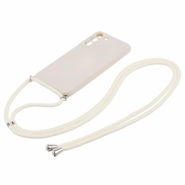 For Samsung Galaxy S21 4G / 5G Case Rubberized Fiber Lining Cover with Long Lanyard - White