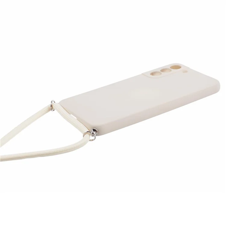 For Samsung Galaxy S21 4G / 5G Case Rubberized Fiber Lining Cover with Long Lanyard - White