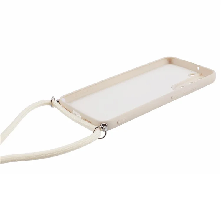 For Samsung Galaxy S21 4G / 5G Case Rubberized Fiber Lining Cover with Long Lanyard - White