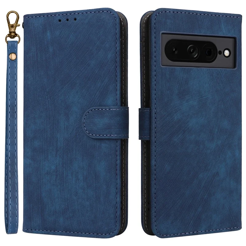 Til Google Pixel 7 Pro 5G Etui med RFID-blokerende Læderdæksel med Snor - Blå