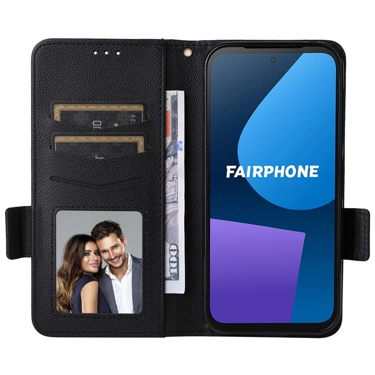 Für Fairphone 5 Case Litchi-Textur PU-Leder Handyhülle mit Gurt - Schwarz