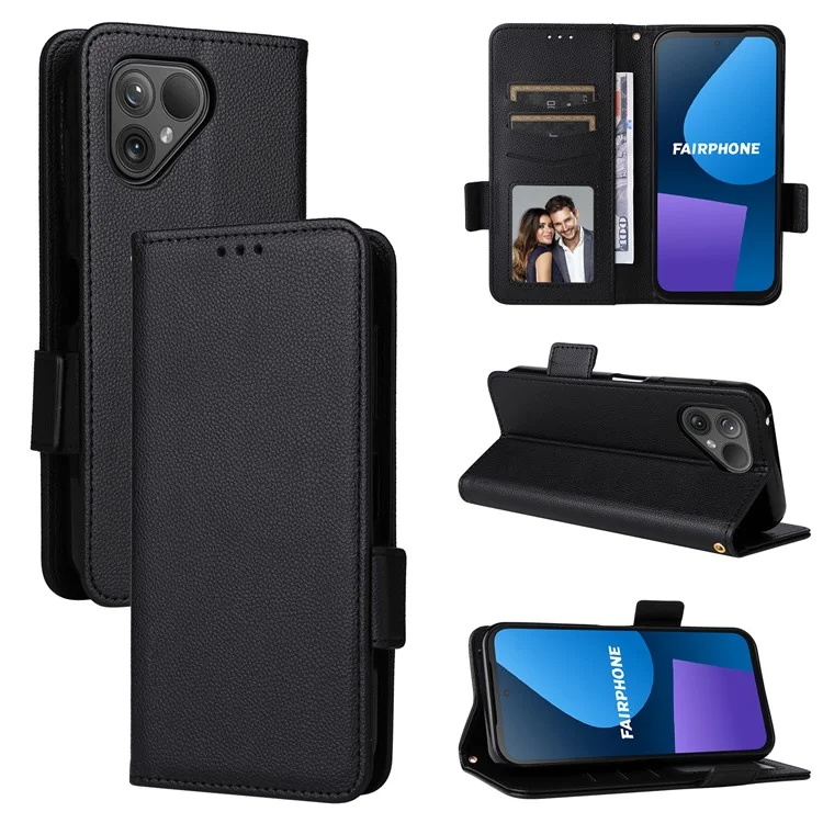Für Fairphone 5 Case Litchi-Textur PU-Leder Handyhülle mit Gurt - Schwarz