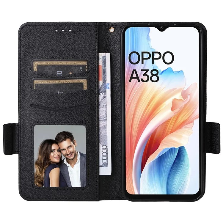 Для Oppo A18 4G / A38 4G Чехол для телефона Litchi Texture Stand Wallet Cover с ремешком - Черный