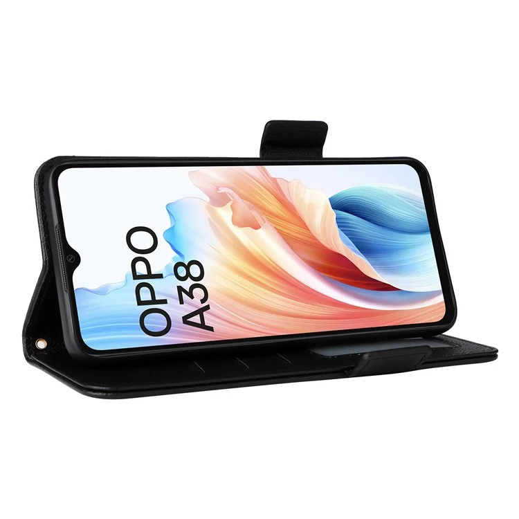 Для Oppo A18 4G / A38 4G Чехол для телефона Litchi Texture Stand Wallet Cover с ремешком - Черный
