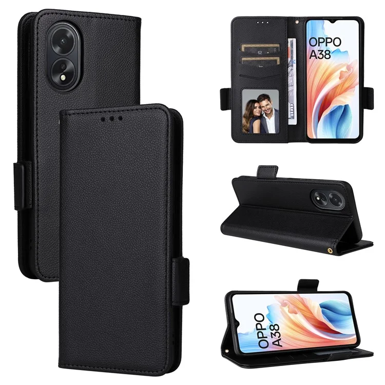 Для Oppo A18 4G / A38 4G Чехол для телефона Litchi Texture Stand Wallet Cover с ремешком - Черный