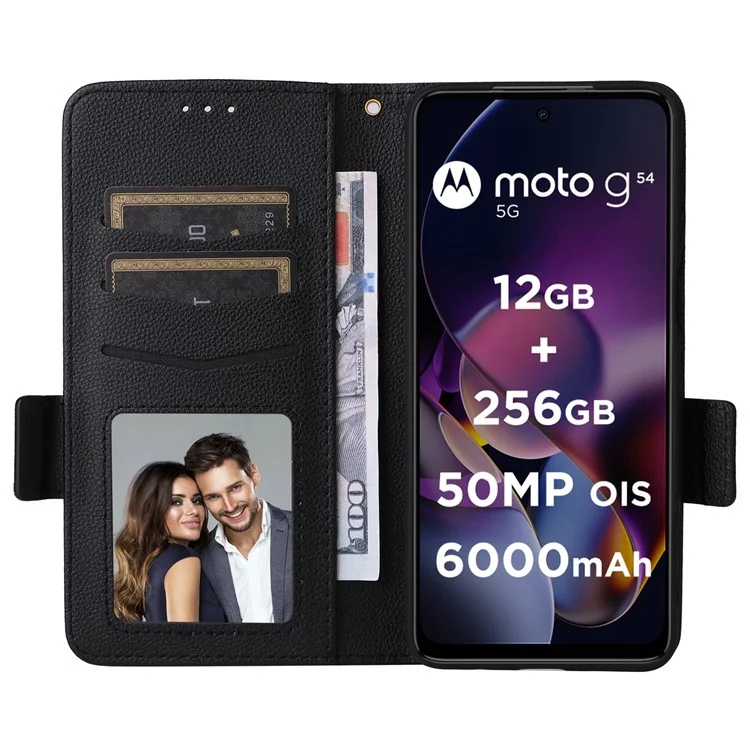 Für Motorola Moto G54 5G / G54 Power 5G / G64 5G / G64y 5G Hülle Brieftasche Ständer Handyhülle mit Schlaufe - Schwarz