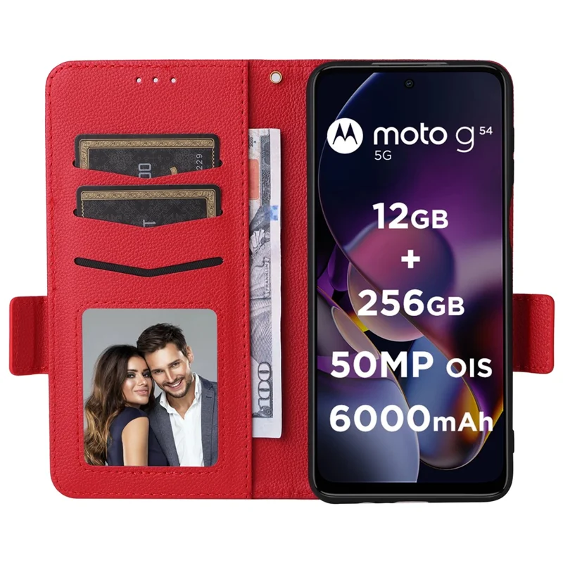 For Motorola Moto G54 5G / G54 Power 5G / G64 5G / G64y 5G Case Wallet Stand Phone Cover with Strap - Red