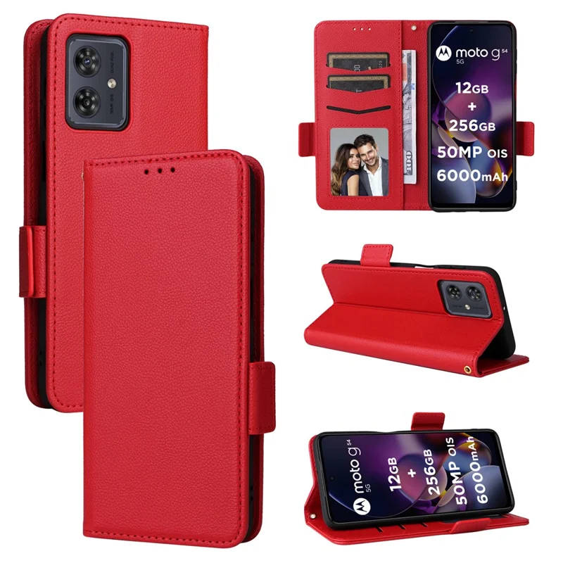 For Motorola Moto G54 5G / G54 Power 5G / G64 5G / G64y 5G Case Wallet Stand Phone Cover with Strap - Red