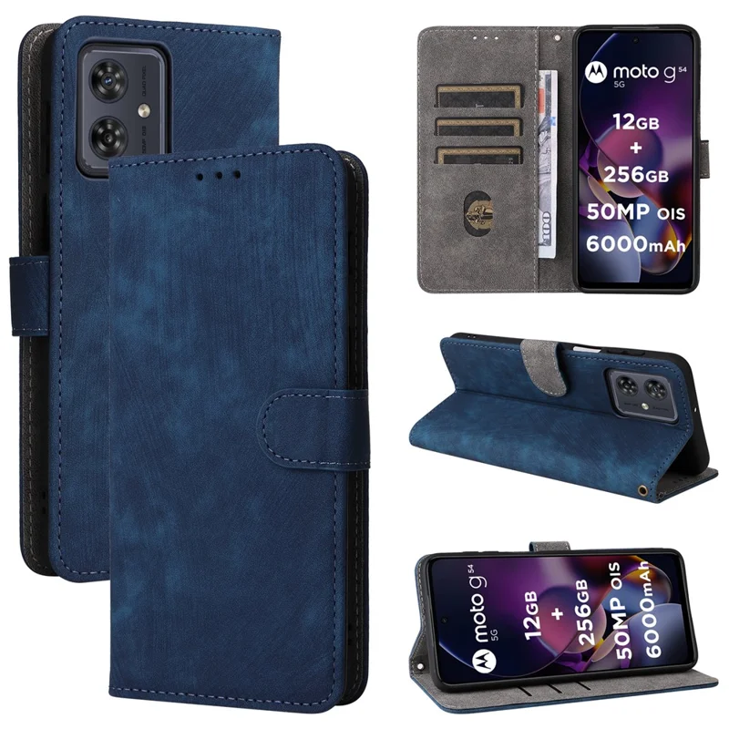 For Motorola Moto G54 5G / G54 Power 5G / G64 5G / G64y 5G Case RFID Blocking Wallet Phone Cover with Strap - Blue