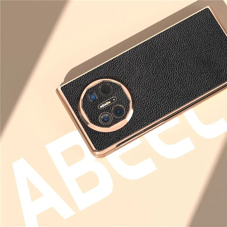Чехол для Huawei Mate X5, изготовленный из натуральной коровьей кожи + ПК с текстурой личи - черный