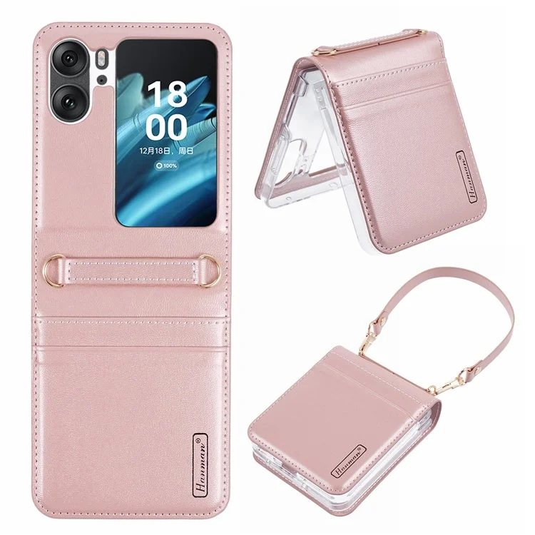 HANMAN Minuo-Serie für Oppo Find N2 Flip 5G-Hülle Ledertelefonhülle mit Kartenfach - Roségold