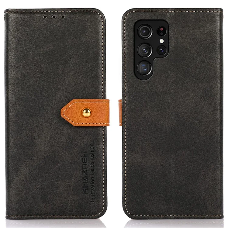 KHAZNEH Für Samsung Galaxy S24 Ultra Case Stand Wallet Cowhide Texture PU Leather Smartphone Cover - Schwarz