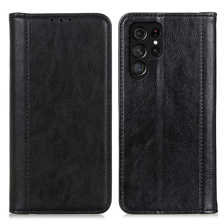 For Samsung Galaxy S24 Ultra Case Litchi Texture Split Leather Wallet Stand Phone Shell - Black