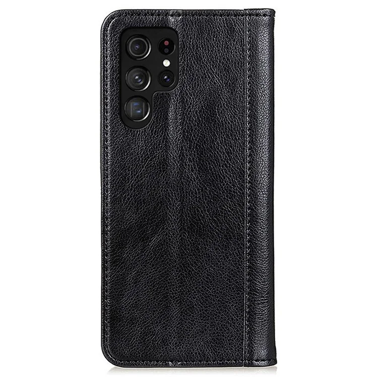 For Samsung Galaxy S24 Ultra Case Litchi Texture Split Leather Wallet Stand Phone Shell - Black