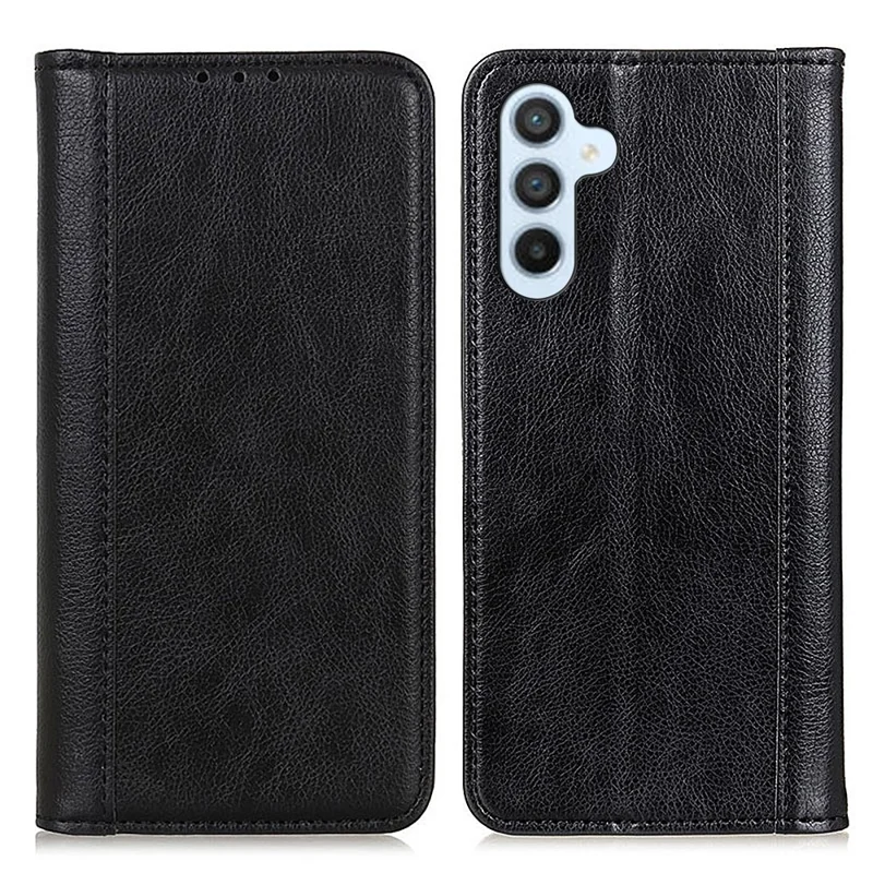 For Samsung Galaxy S25+ / S24+ Case Split Leather Wallet Stand Phone Cover with Litchi Texture - Black