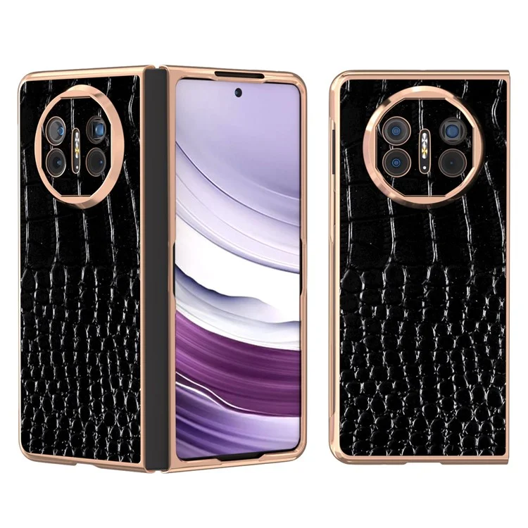 Para Huawei Mate X5 5G Case Crocodile Pattern Genuine Cow Leather Coated Phone Cover - Black
