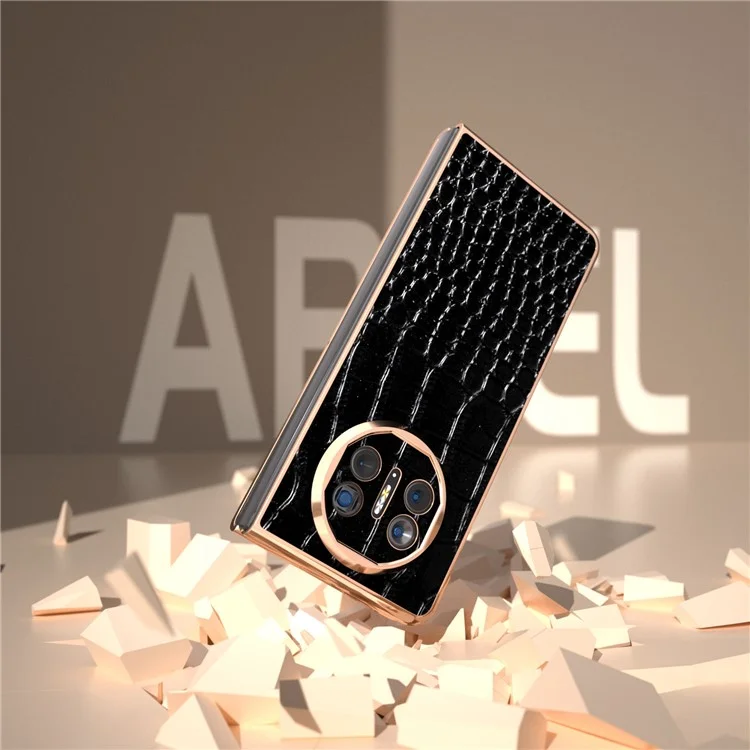 Para Huawei Mate X5 5G Case Crocodile Pattern Genuine Cow Leather Coated Phone Cover - Black