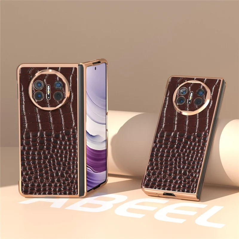 For Huawei Mate X5 5G Case Crocodile Pattern Genuine Cow Leather Coated Phone Cover - Coffee