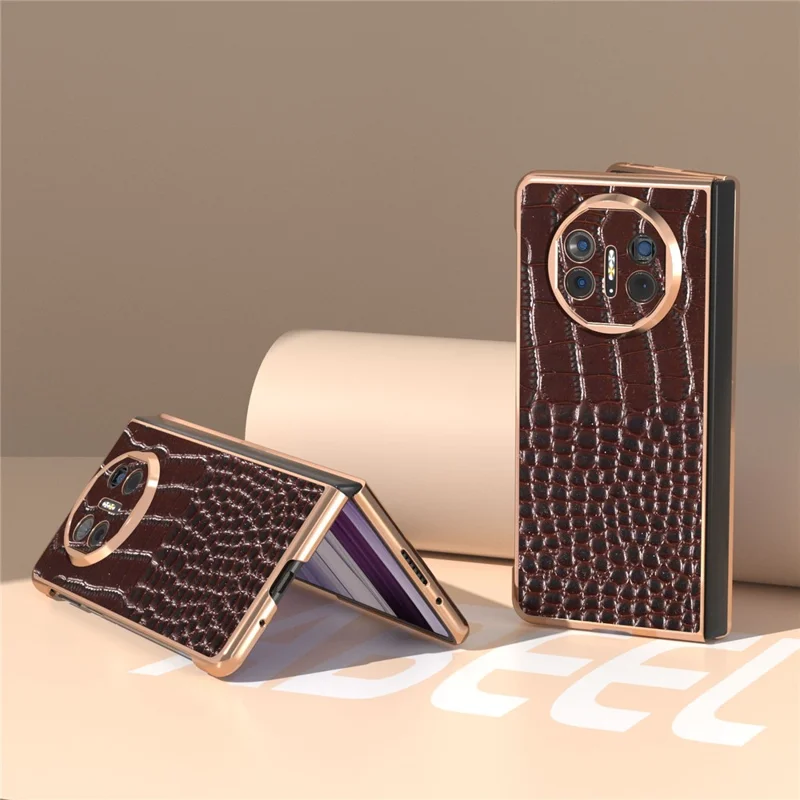 For Huawei Mate X5 5G Case Crocodile Pattern Genuine Cow Leather Coated Phone Cover - Coffee