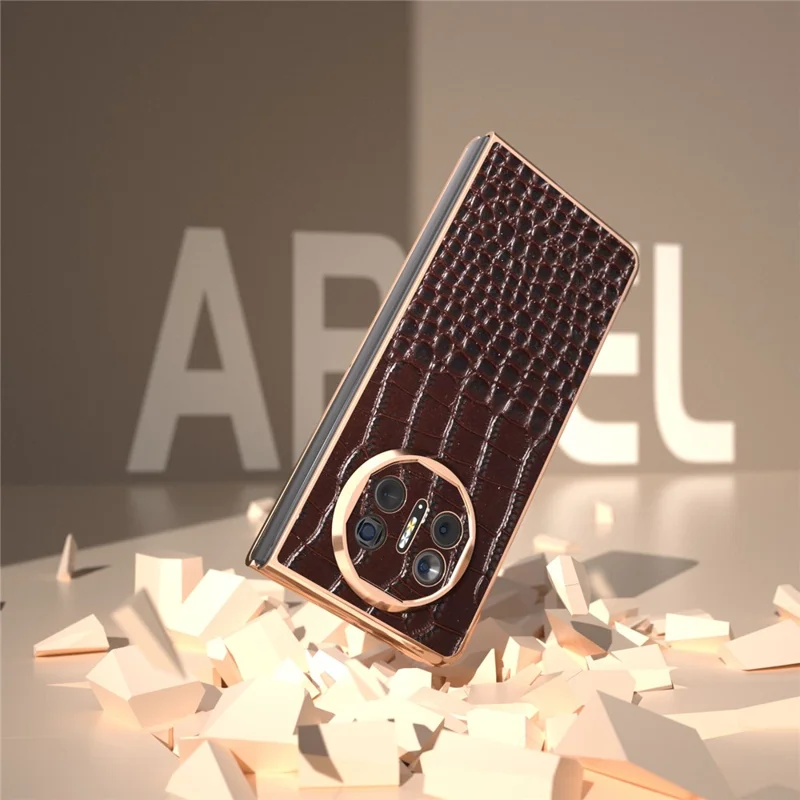 For Huawei Mate X5 5G Case Crocodile Pattern Genuine Cow Leather Coated Phone Cover - Coffee