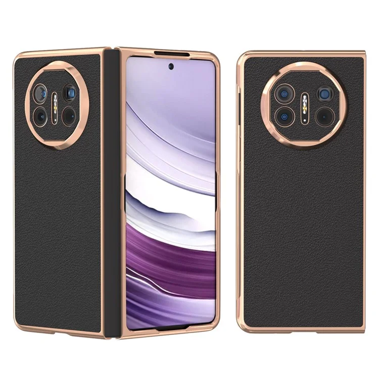 For Huawei Mate X5 5G Case Genuine Cow Leather+PC Electroplated Protective Phone Cover - Black