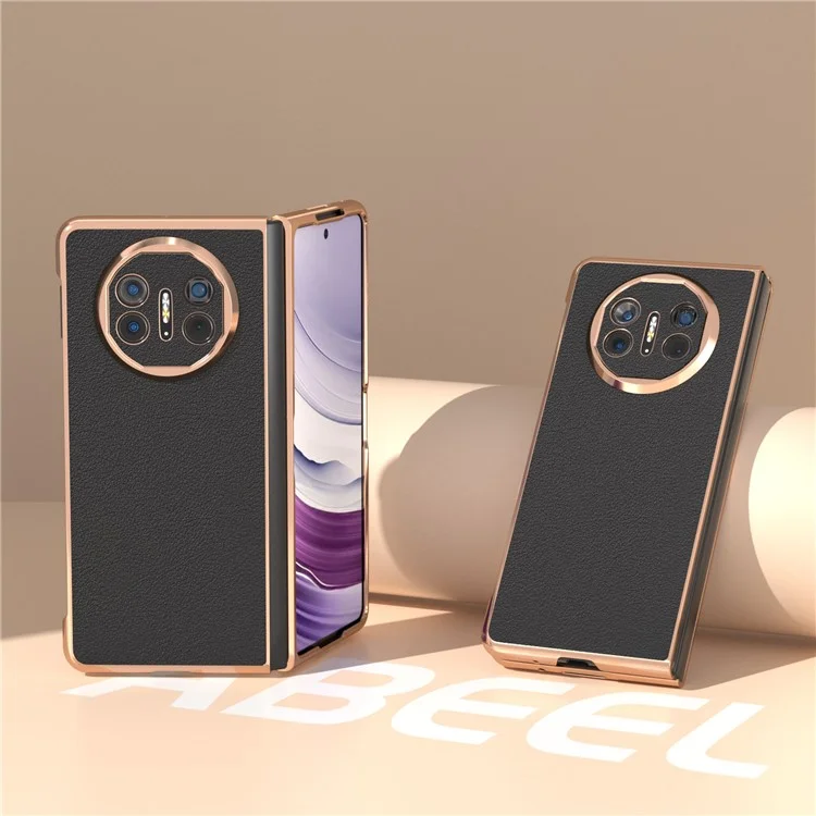 For Huawei Mate X5 5G Case Genuine Cow Leather+PC Electroplated Protective Phone Cover - Black