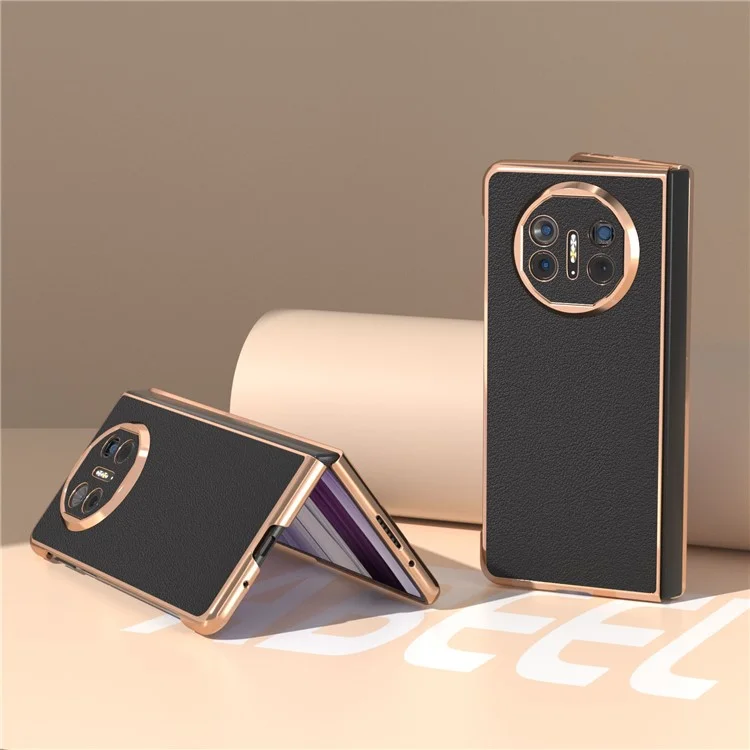 For Huawei Mate X5 5G Case Genuine Cow Leather+PC Electroplated Protective Phone Cover - Black