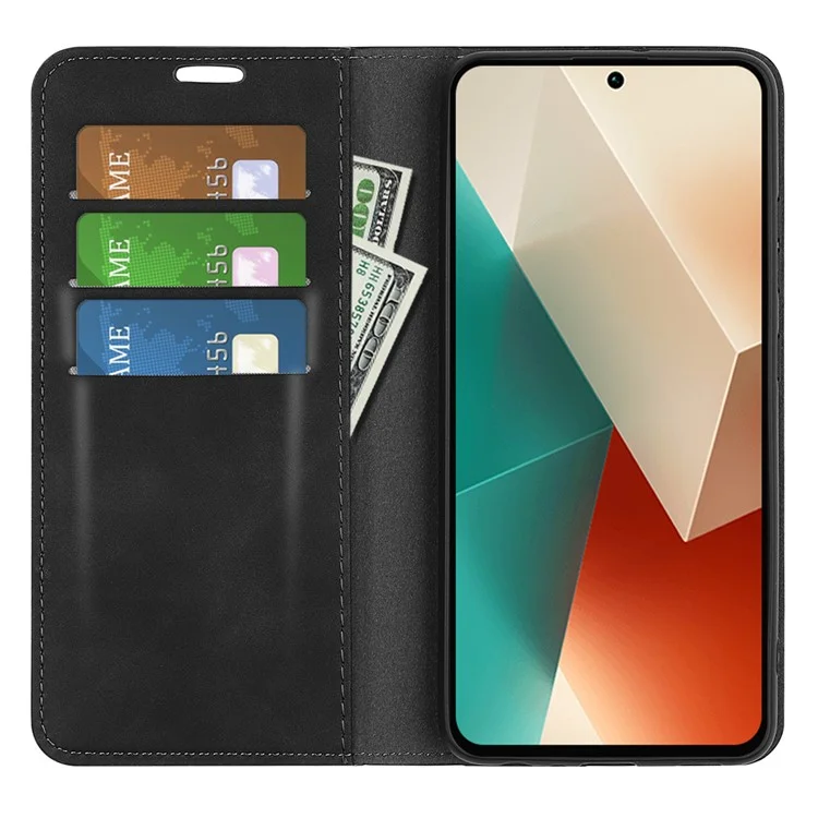 For Xiaomi Redmi Note 13 5G (China) Cell Phone Case PU Leather Wallet Stand Phone Shell with Skin-touch Feeling - Black