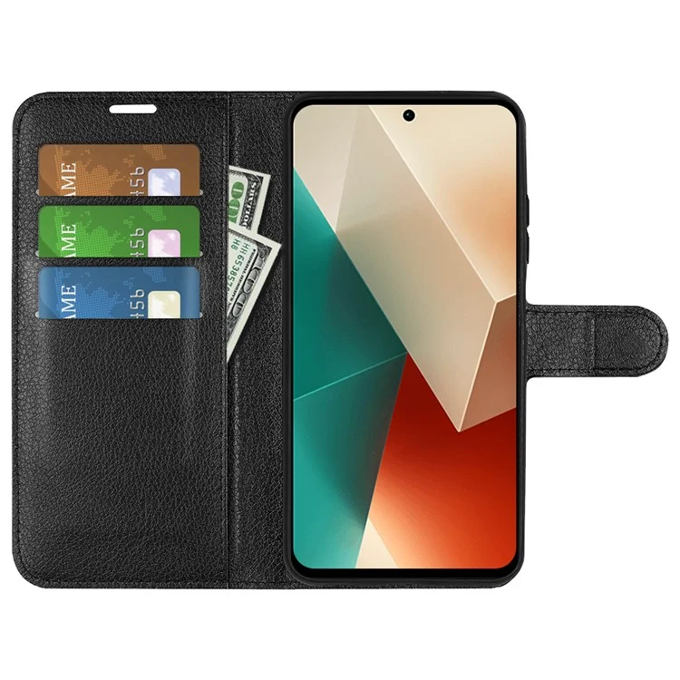 For Xiaomi Redmi Note 13 5G (China) Case Litchi Texture Leather Stand Cover Slim-Fit Wallet Phone Shell - Black