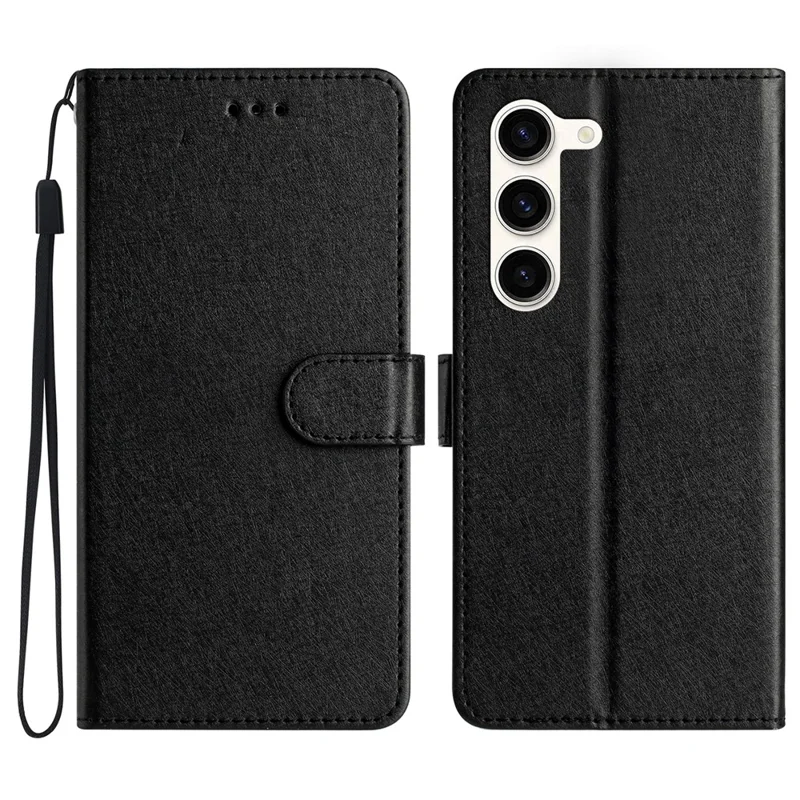 For Samsung Galaxy S24+ Case PU Leather Silk Texture Wallet Stand Phone Cover with Strap - Black