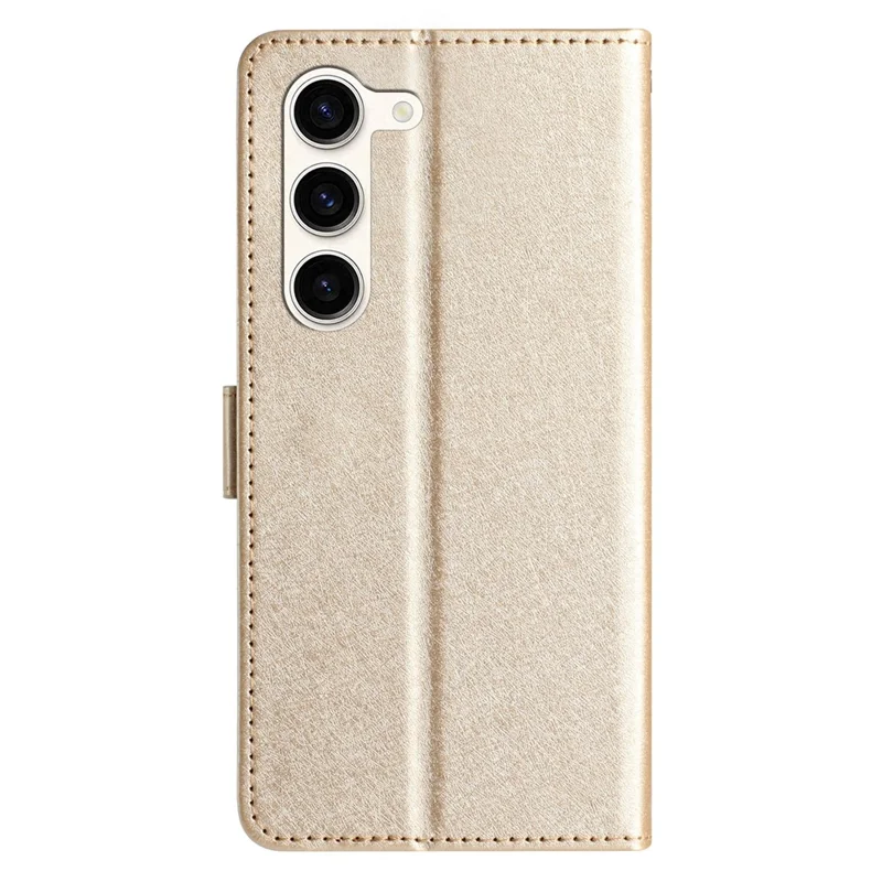 For Samsung Galaxy S24 Case PU Leather Silk Texture Flip Phone Cover with Strap - Gold