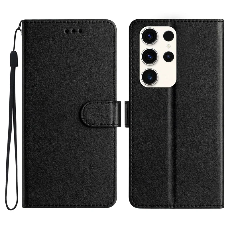 Pour Samsung Galaxy S24 Ultra Case Silk Texture PU Leather Wallet Phone Cover with Strap - Noir