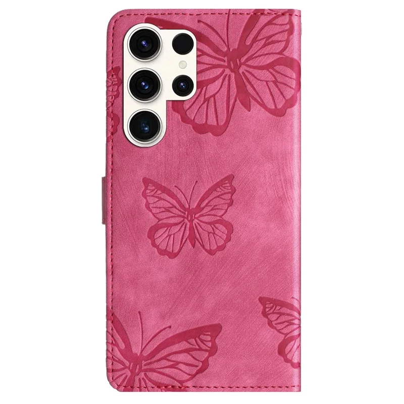 Para Samsung Galaxy S24 Ultra Case Borboleta Impresso PU Leather Wallet Phone Cover com Alça - Rosa