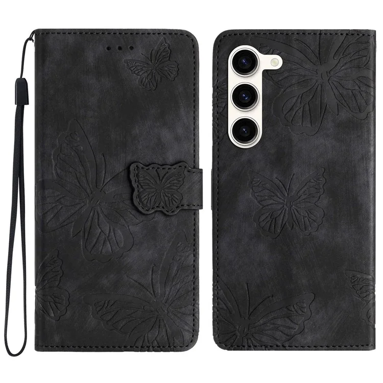 Pour Samsung Galaxy S25 / S24 Case Butterfly Imprinted Skin-Touch PU Leather Phone Cover with Strap - Black