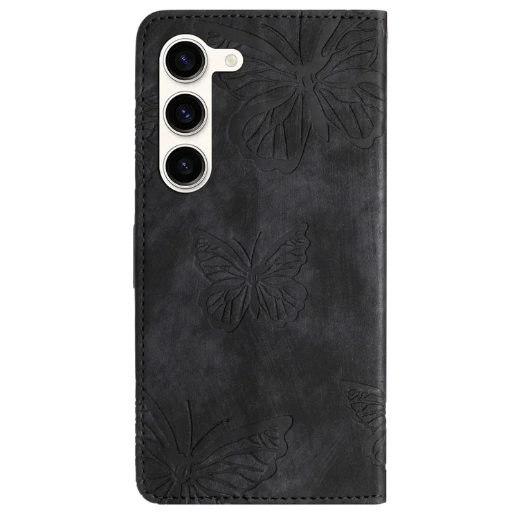 Pour Samsung Galaxy S25 / S24 Case Butterfly Imprinted Skin-Touch PU Leather Phone Cover with Strap - Black