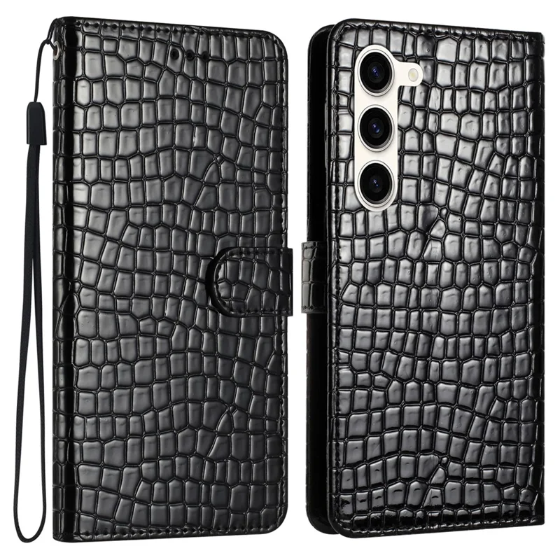 For Samsung Galaxy S24 Case Crocodile Texture Phone Leather Cover with Strap - Black